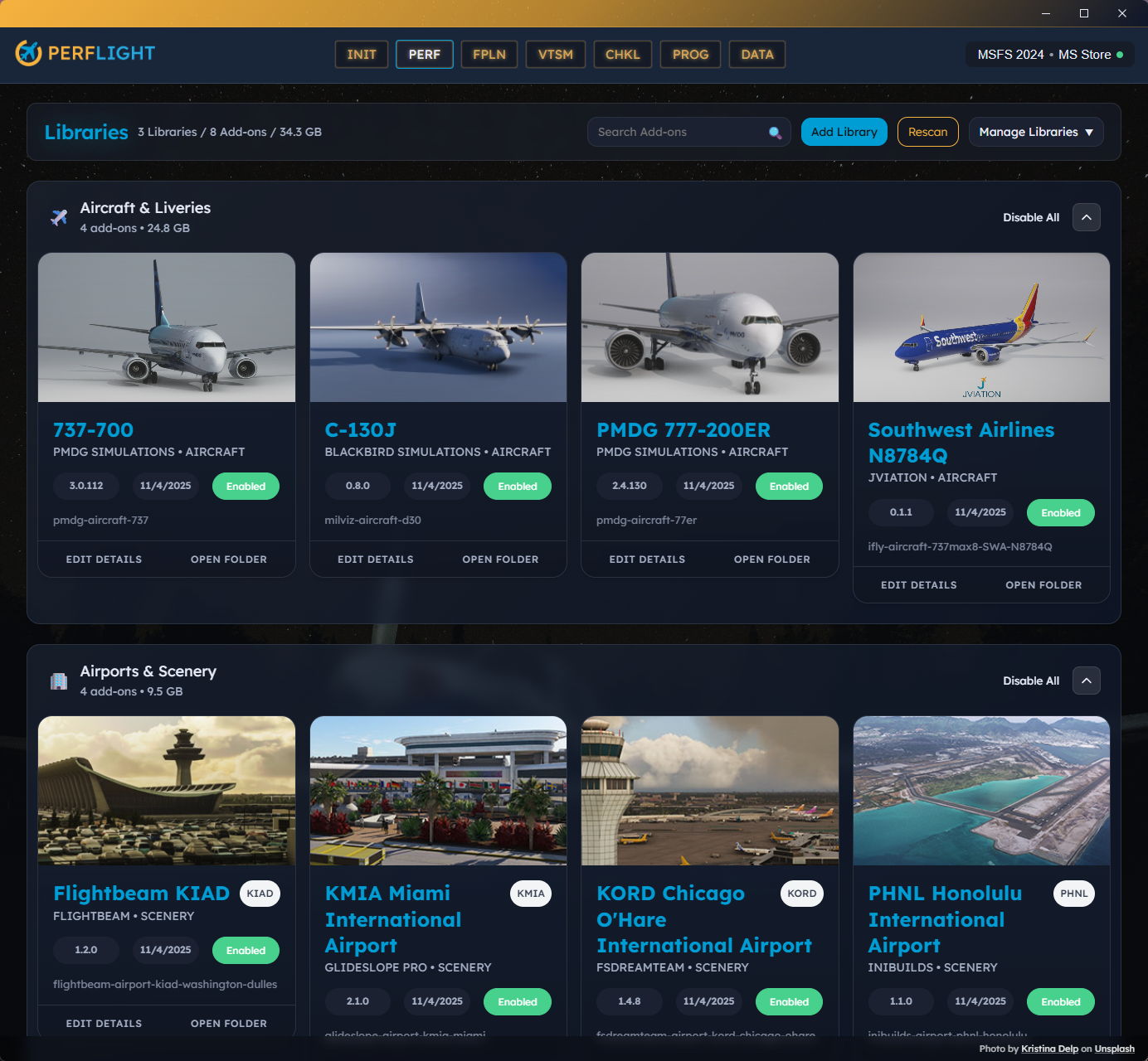 Add-on library management with aircraft and scenery organization
